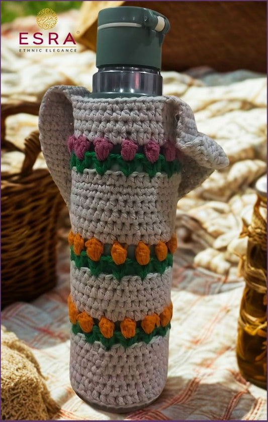Esra Handmade Crochet Tulip Stitch Water Bottle Holder with Handle