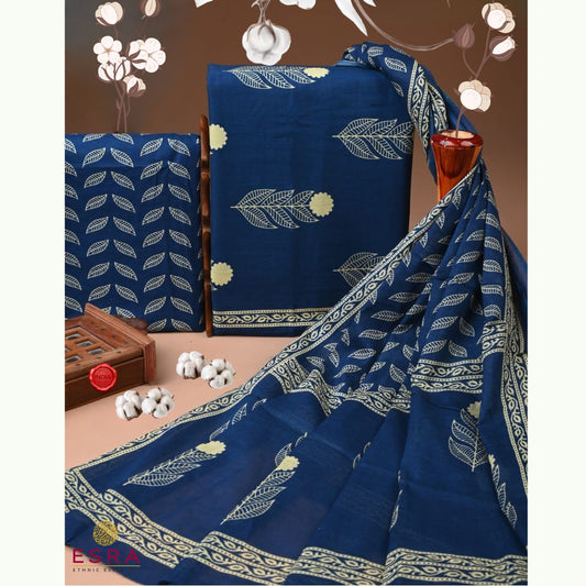 Esra's 3 pc Indigo Blue and Off White Cotton Suit Fabric