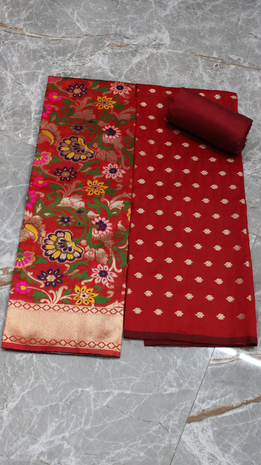 Esra's Handloom/Hand Woven Banarasi 3 Pc Semi Katan Silk Fabric.