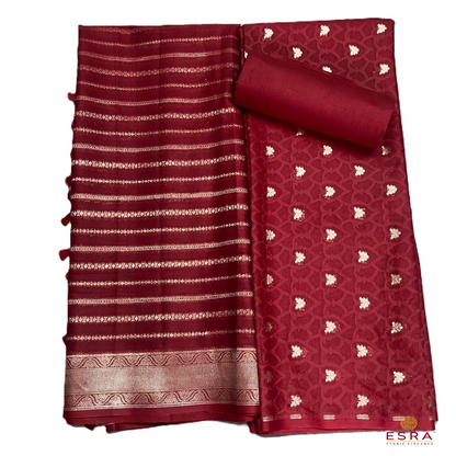 Esra's Handloom / HandWoven Banarasi 3 pc Masraic Cotton Silk Suit