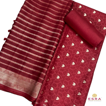 Esra's Handloom / HandWoven Banarasi 3 pc Masraic Cotton Silk Suit