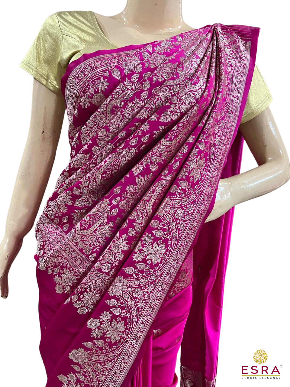Esra's Handloom/Handwoven Banarasi Mashru Semi Katan Silk Saree