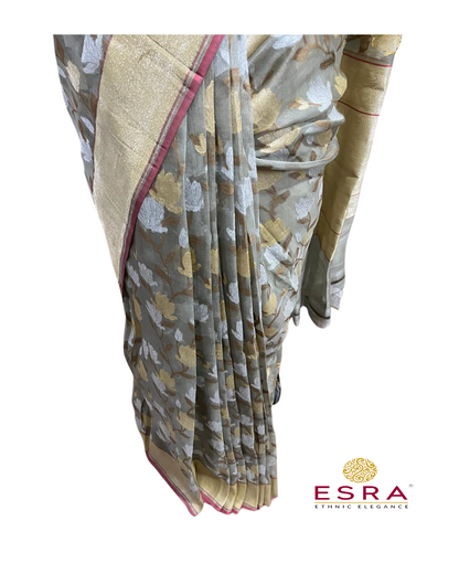 Esra's Handloom/Handwoven Banarasi Kora Cotton Silk Saree
