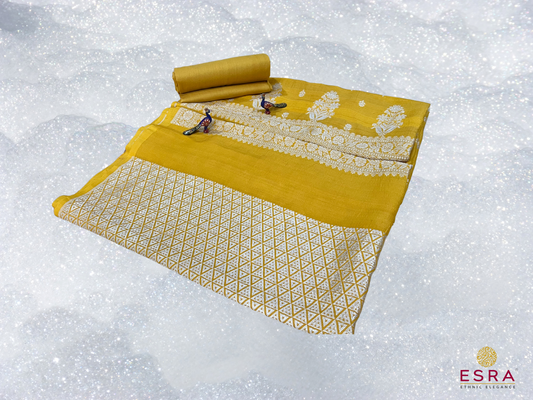 Esra's Handloom/Handwoven Banarasi 3Pc Tusser Silk Suit.