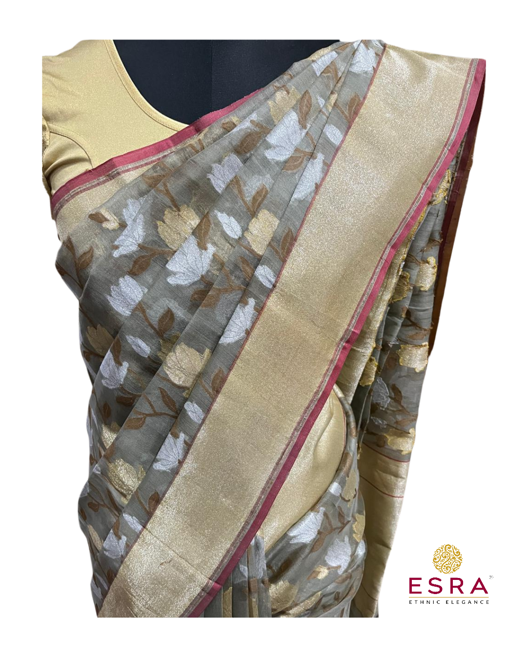 Esra's Handloom/Handwoven Banarasi Kora Cotton Silk Saree
