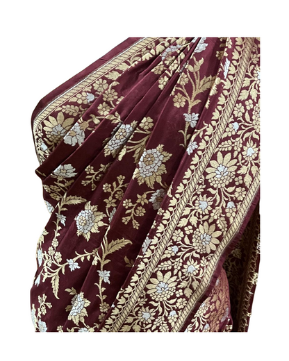 Esra's Handloom/Handwoven Banarasi Gold & Brown Kadwa Weave Katan Silk Saree