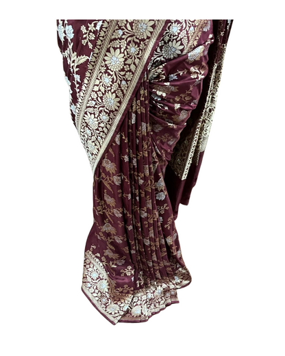 Esra's Handloom/Handwoven Banarasi Gold & Brown Kadwa Weave Katan Silk Saree