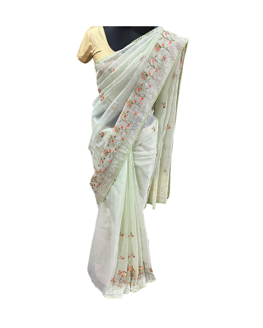 Esra Banarasi Kora Cotton Embroidery Saree