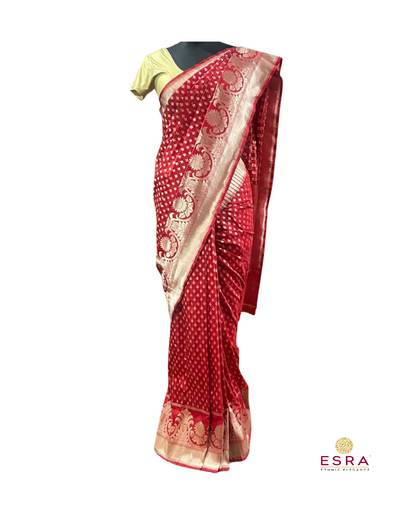 Esra's Handloom/Handwoven Banarasi Red Colored Zari Weaved Katan Silk saree