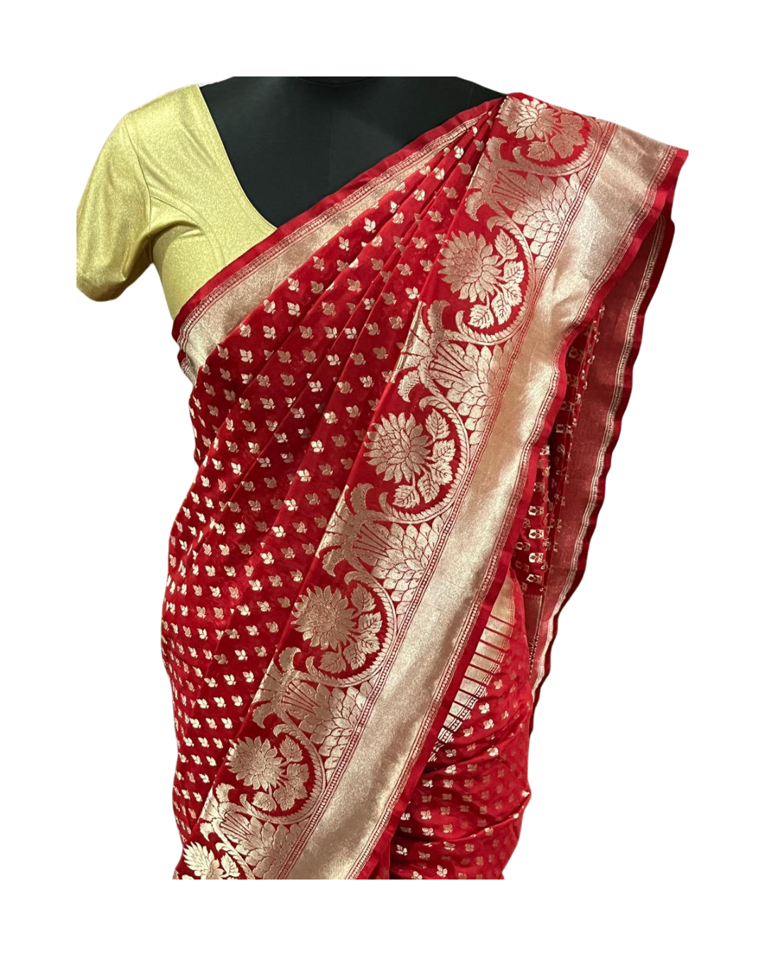 Esra's Handloom/Handwoven Banarasi Red Colored Zari Weaved Katan Silk saree