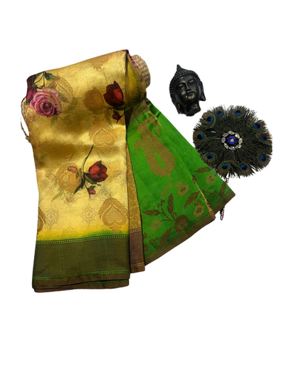 Esra's Handloom/Handwoven Banarasi Kora Silk Printed Saree