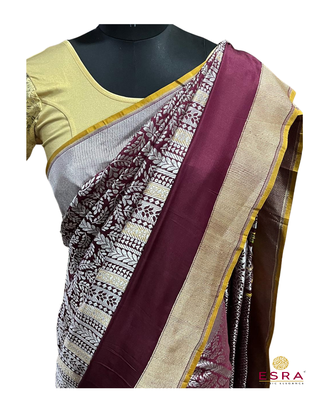 Esra's Handloom/Handwoven Banarasi Gold & Brown Kadwa Weave Katan Silk Saree
