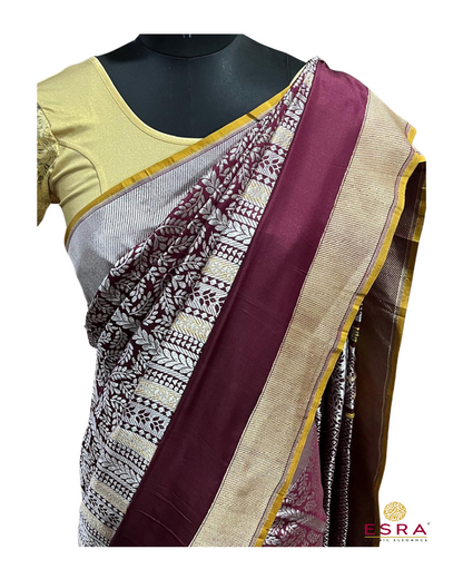 Esra's Handloom/Handwoven Banarasi Gold & Brown Kadwa Weave Katan Silk Saree