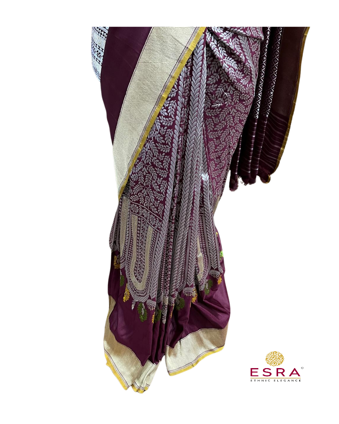 Esra's Handloom/Handwoven Banarasi Gold & Brown Kadwa Weave Katan Silk Saree