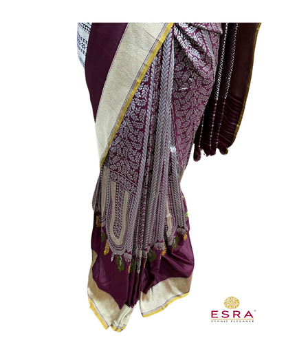 Esra's Handloom/Handwoven Banarasi Gold & Brown Kadwa Weave Katan Silk Saree