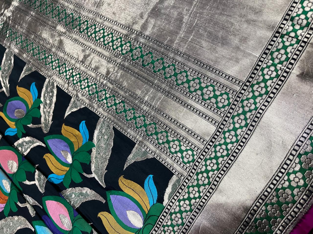 Esra's Handloom/Handwoven Banarasi Kadwa Weave Cut Work Katan Silk Saree