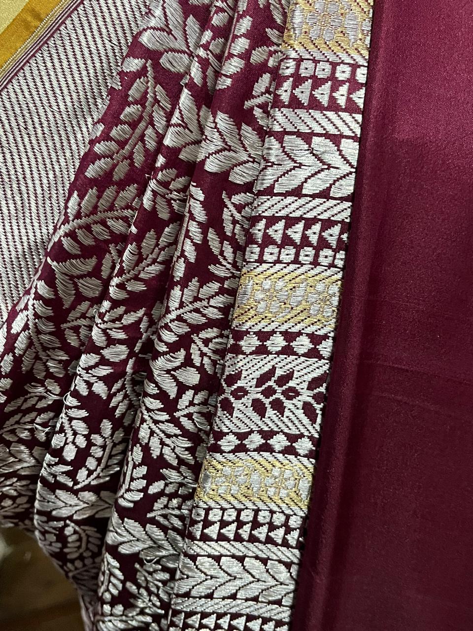 Esra's Handloom/Handwoven Banarasi Gold & Brown Kadwa Weave Katan Silk Saree