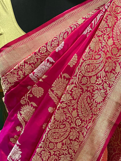 Esra's Handloom/Handwoven Banarasi Gold & Silver Kadwa Weave Katan Silk Saree