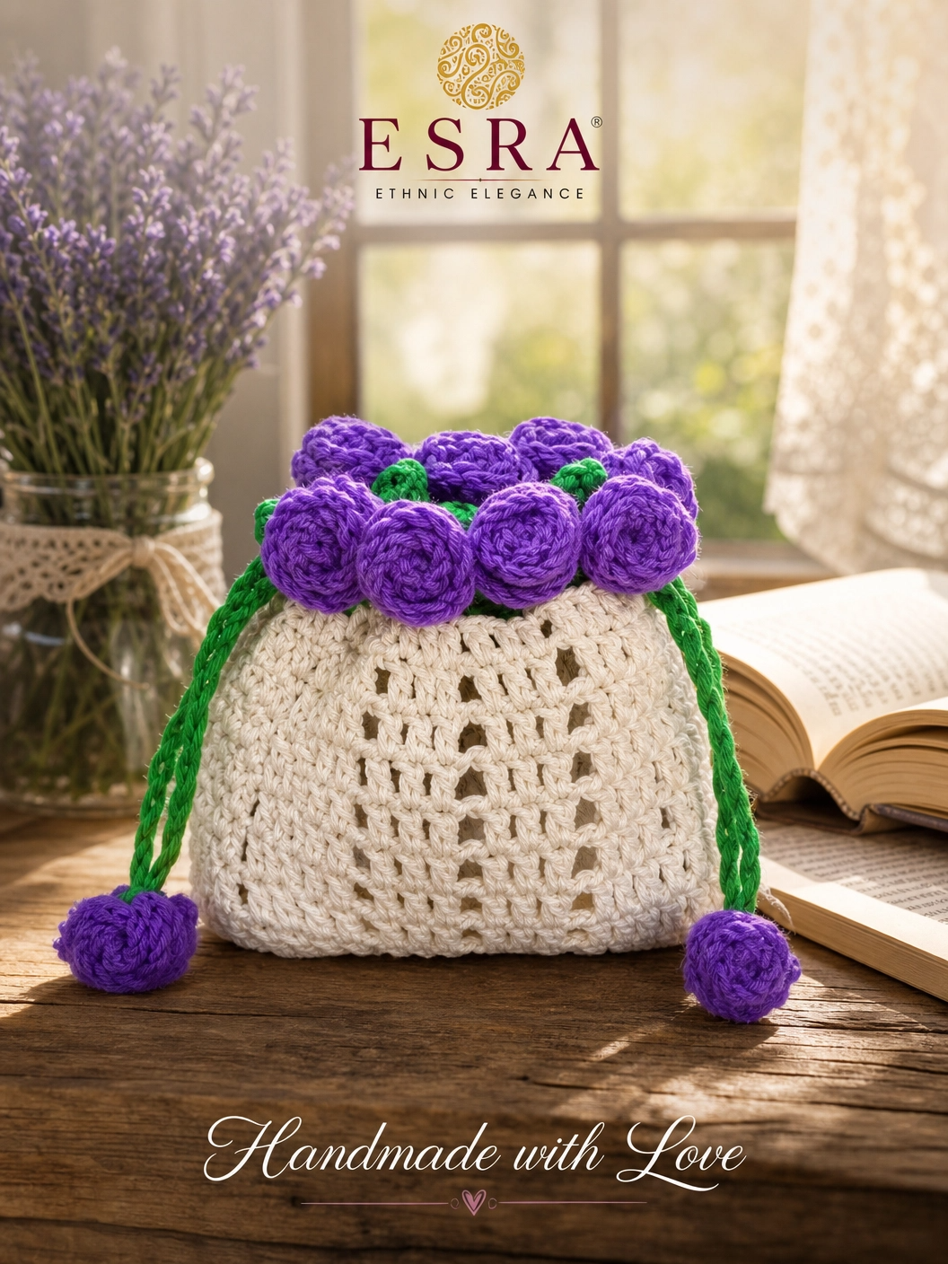 Esra's Crocheted Purple Roses Bouquet Drawstring Pouch