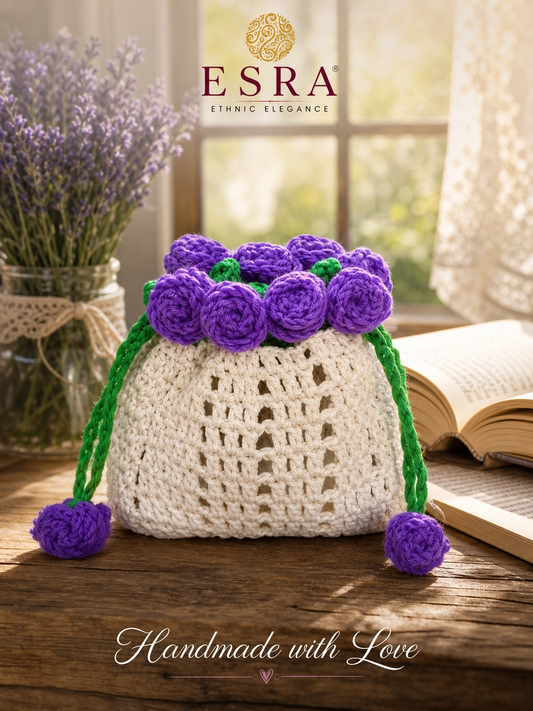 Esra's Crocheted Purple Roses Bouquet Drawstring Pouch