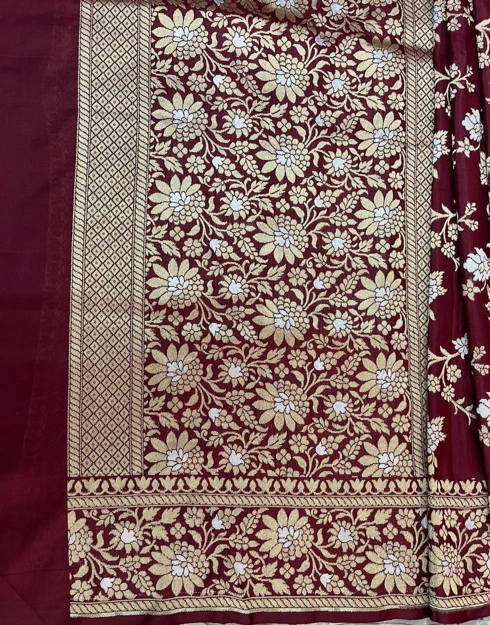 Esra's Handloom/Handwoven Banarasi Gold & Brown Kadwa Weave Katan Silk Saree