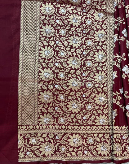Esra's Handloom/Handwoven Banarasi Gold & Brown Kadwa Weave Katan Silk Saree