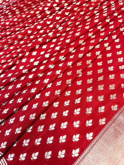 Esra's Handloom/Handwoven Banarasi Red Colored Zari Weaved Katan Silk saree