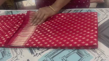 Esra's Handloom/Handwoven Banarasi Red Colored Zari Weaved Katan Silk saree
